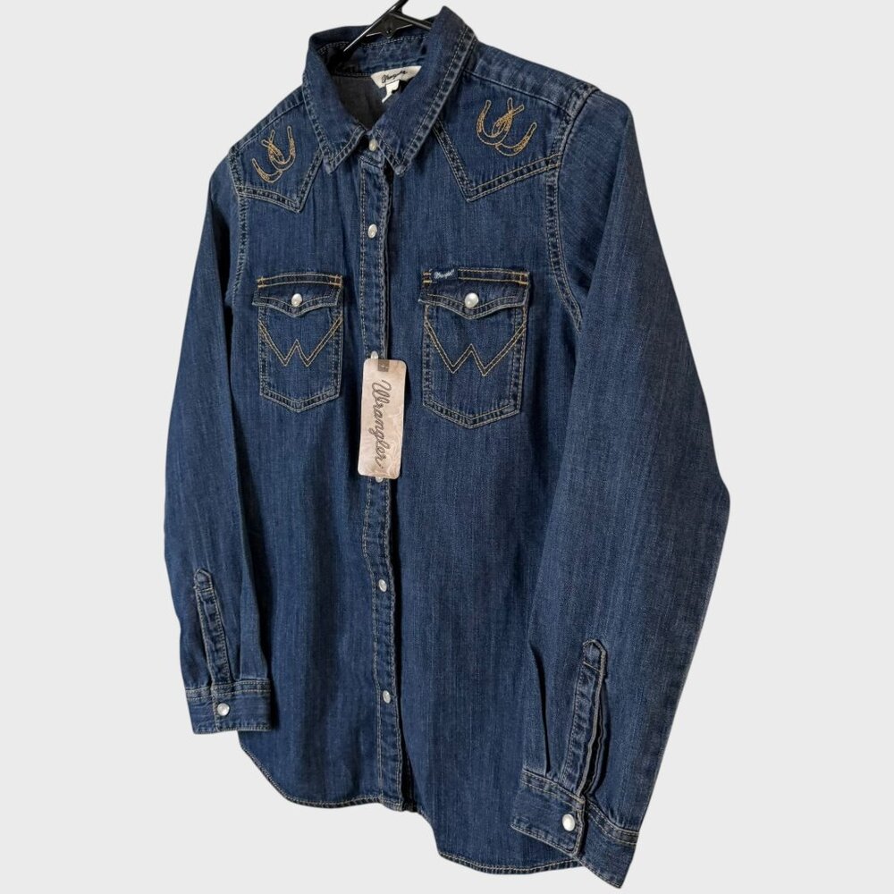Wrangler Embroidered Denim Shirt Blue Girls Large Western Pearl-Snap Rodeo NEW - Picture 2 of 15